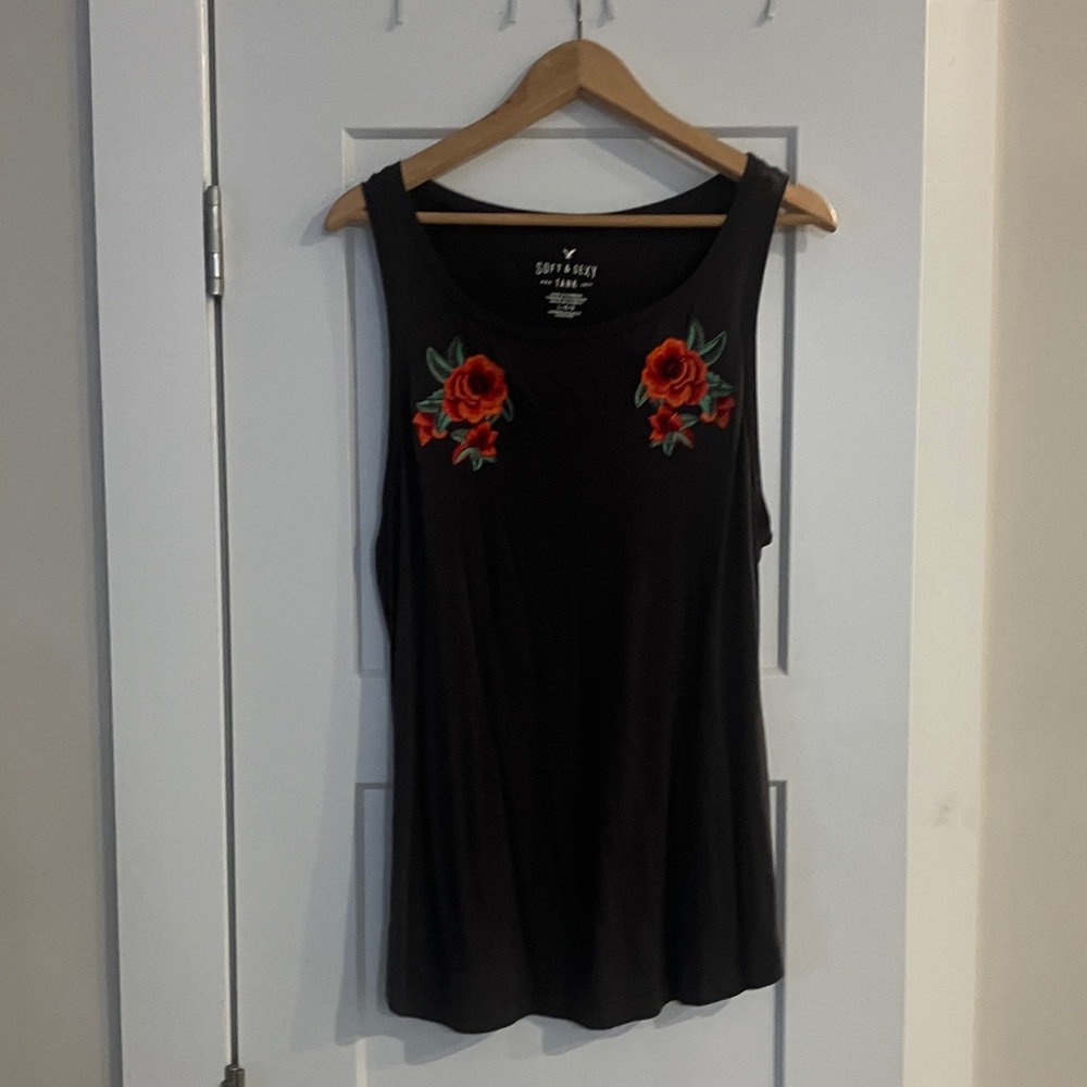American Eagle Outfitters Black Tank Top with Red Floral Design